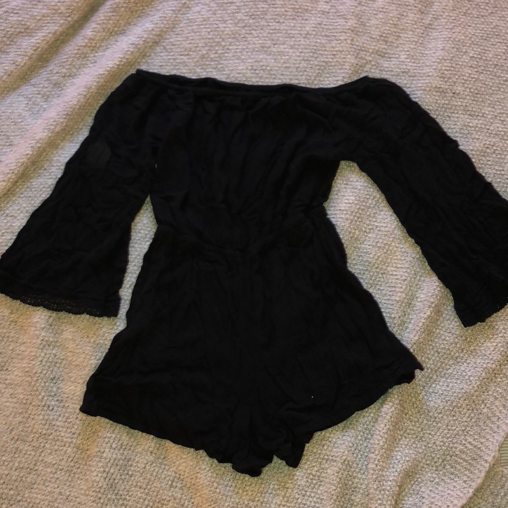black bell sleeve off the shoulder romper